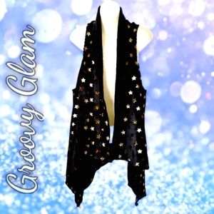 GROOVY GLAM Handmade Gold Stars Black Velour Plush Waterfall Vest